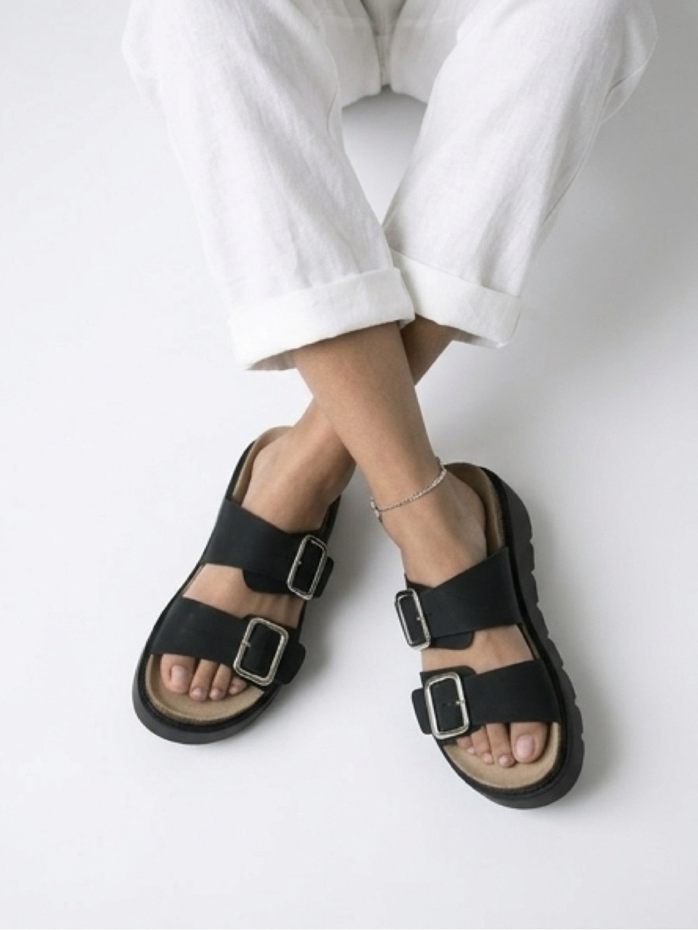 Seychelles Black Double-Buckle Slide Sandals